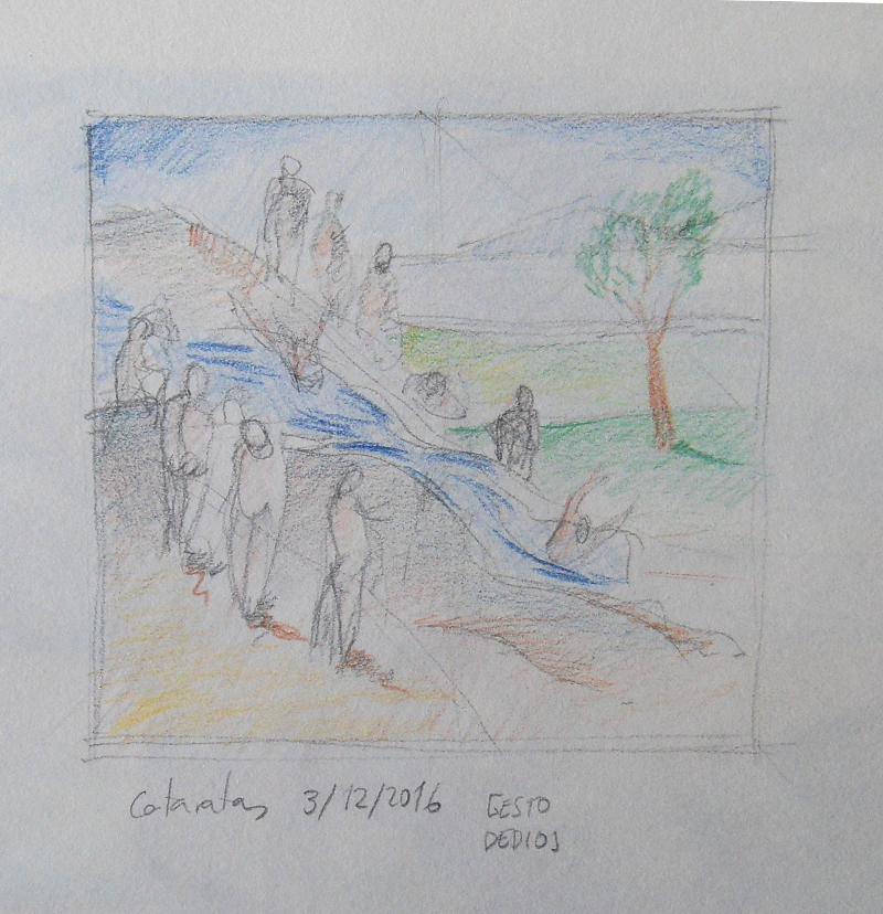 Cataratas, (primer esbozo, 2016) - Lápiz de grafito y lápices de color, 10,0 x 10,5 cm 
Waterfalls, (first sketch, 2016) - Graphite pencil and coloured pencils, 3.93 x 4.13 in