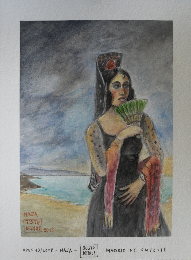 Maja, 2018 (Opus 13/2018) - Acuarela sobre papel, 19,5 x 14,8 cm. Watercolour on paper. Aquarelle sur papier. Mujer con mantilla