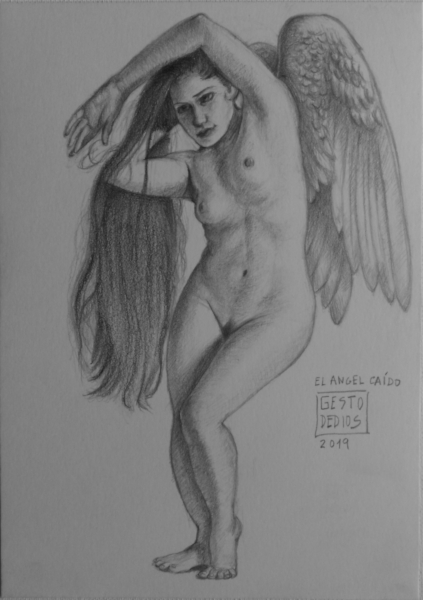 El ángel caído. Dibujo de Gestodedios. Chica-ángel desnuda