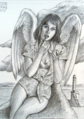 Chica-ángel con blusa y pintalabios