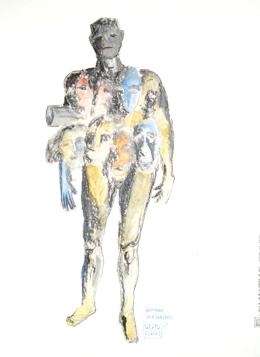 Hombre con caretas, 2002 - Acuarela y carboncillo sobre papel, 20,0 x 12,7 cm 
Man witth masks, 2002 - watercolour and charcoal on paper, 20.0 x 12.7 cm